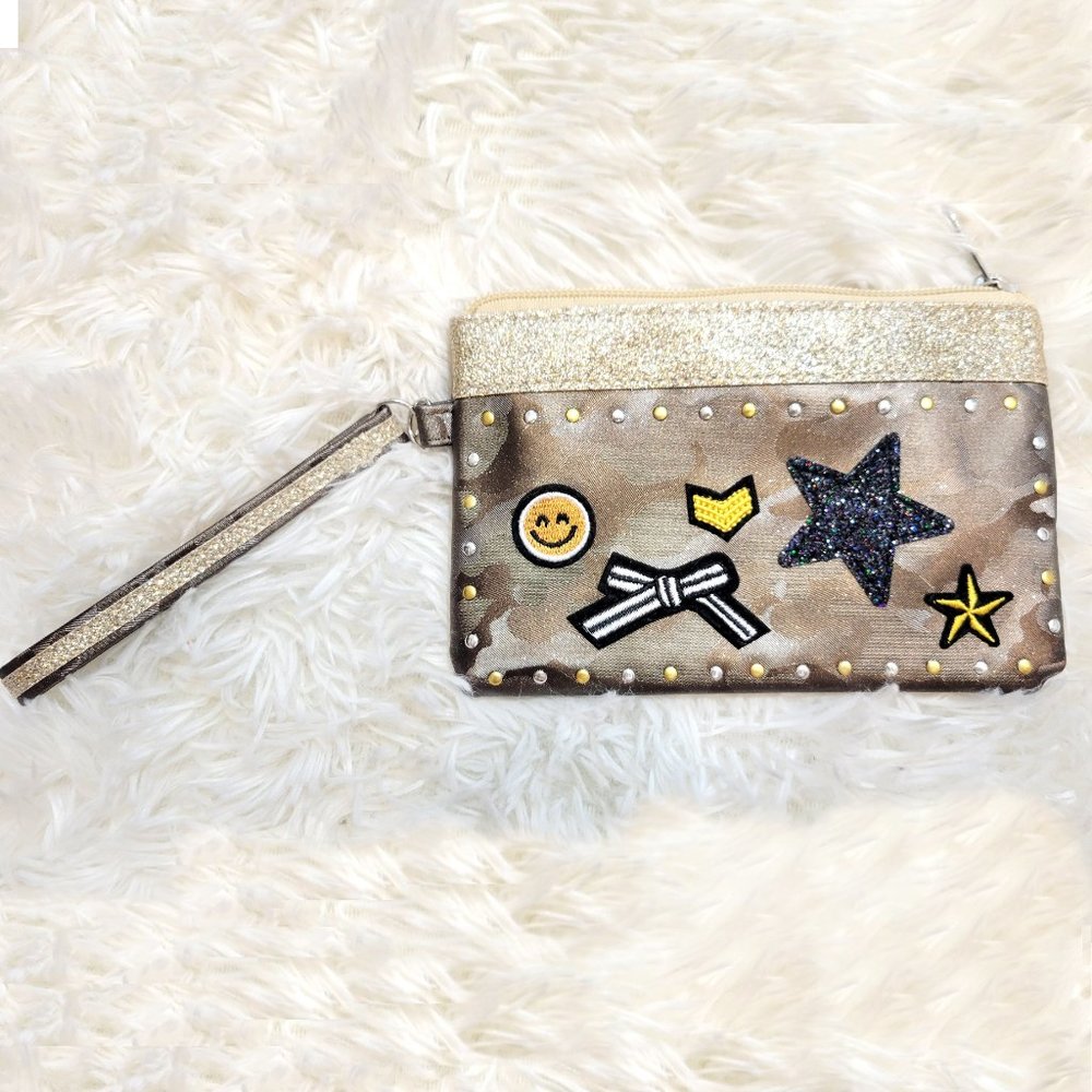 Metallic Gold Green Punk Star Studded Goth Skater Wristlet Patch Wallet